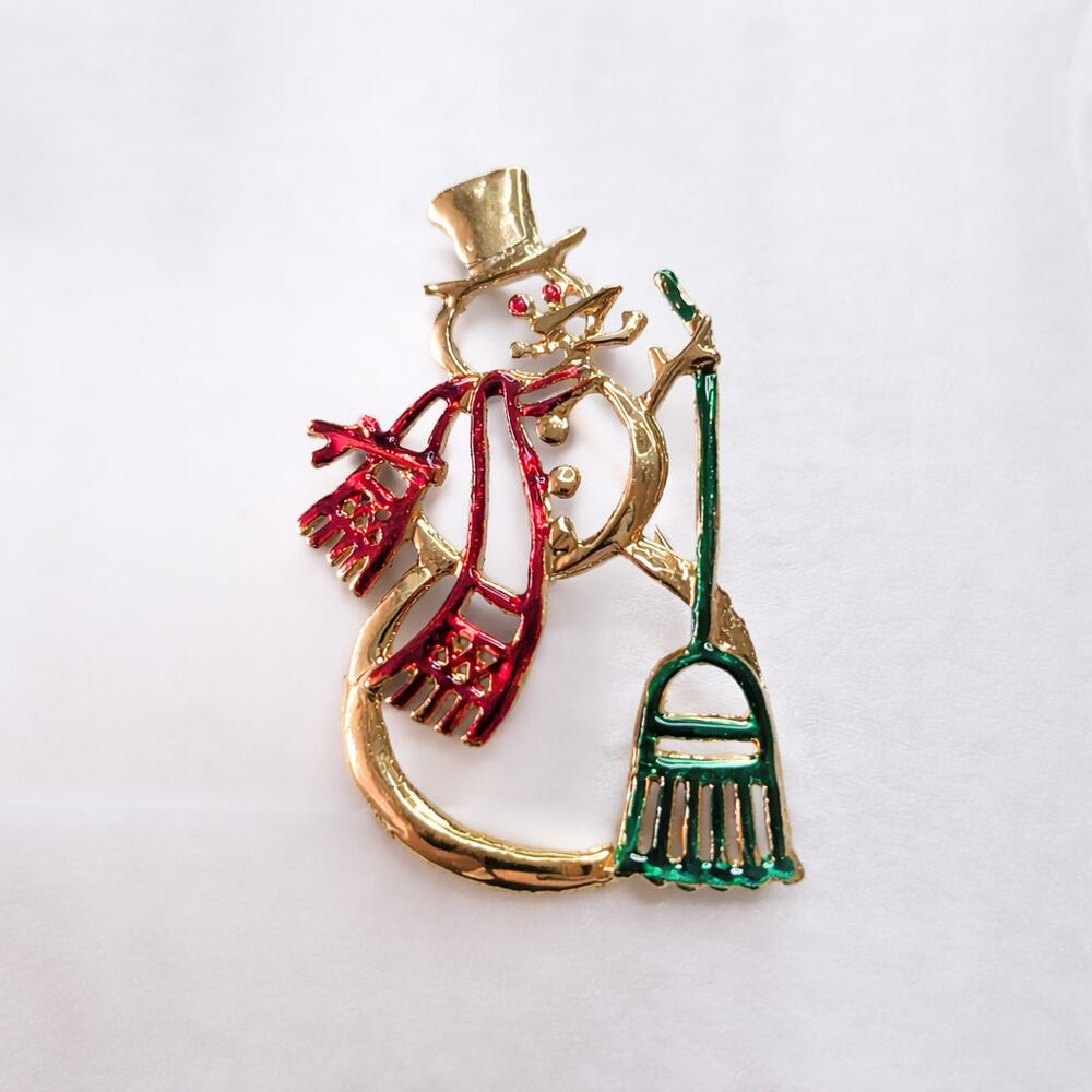 Vintage Brooch 2 & 7/8" Snowman Large Gold Tone Metal Christmas Brooch Pin